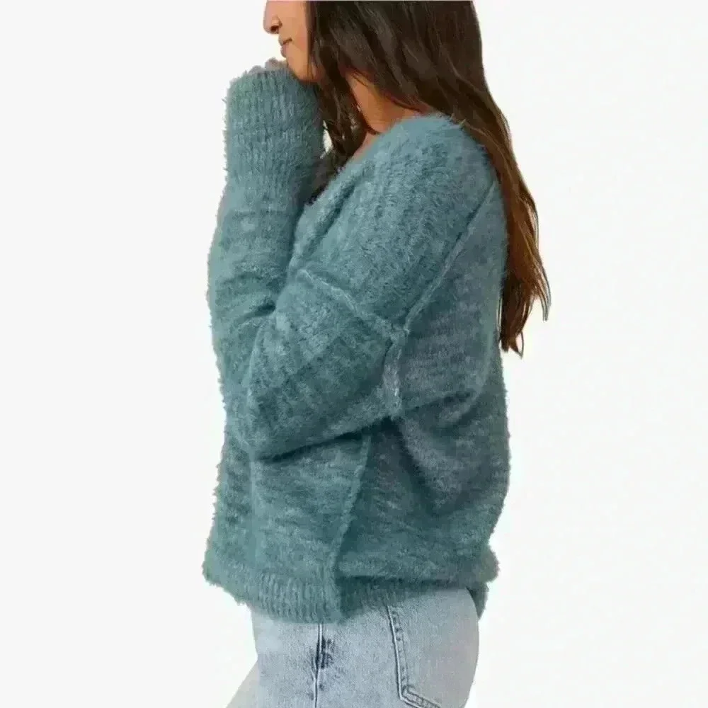 Free People Womens Serendipity Eyelash V-Neck Pullover Sweater Blue XS - Picture 3 of 5